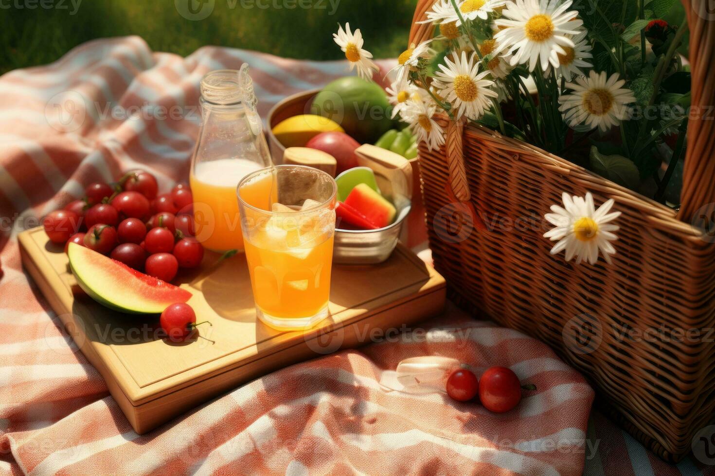 Summer Picnic with Basket and Refreshing Drinks. Generative AI photo