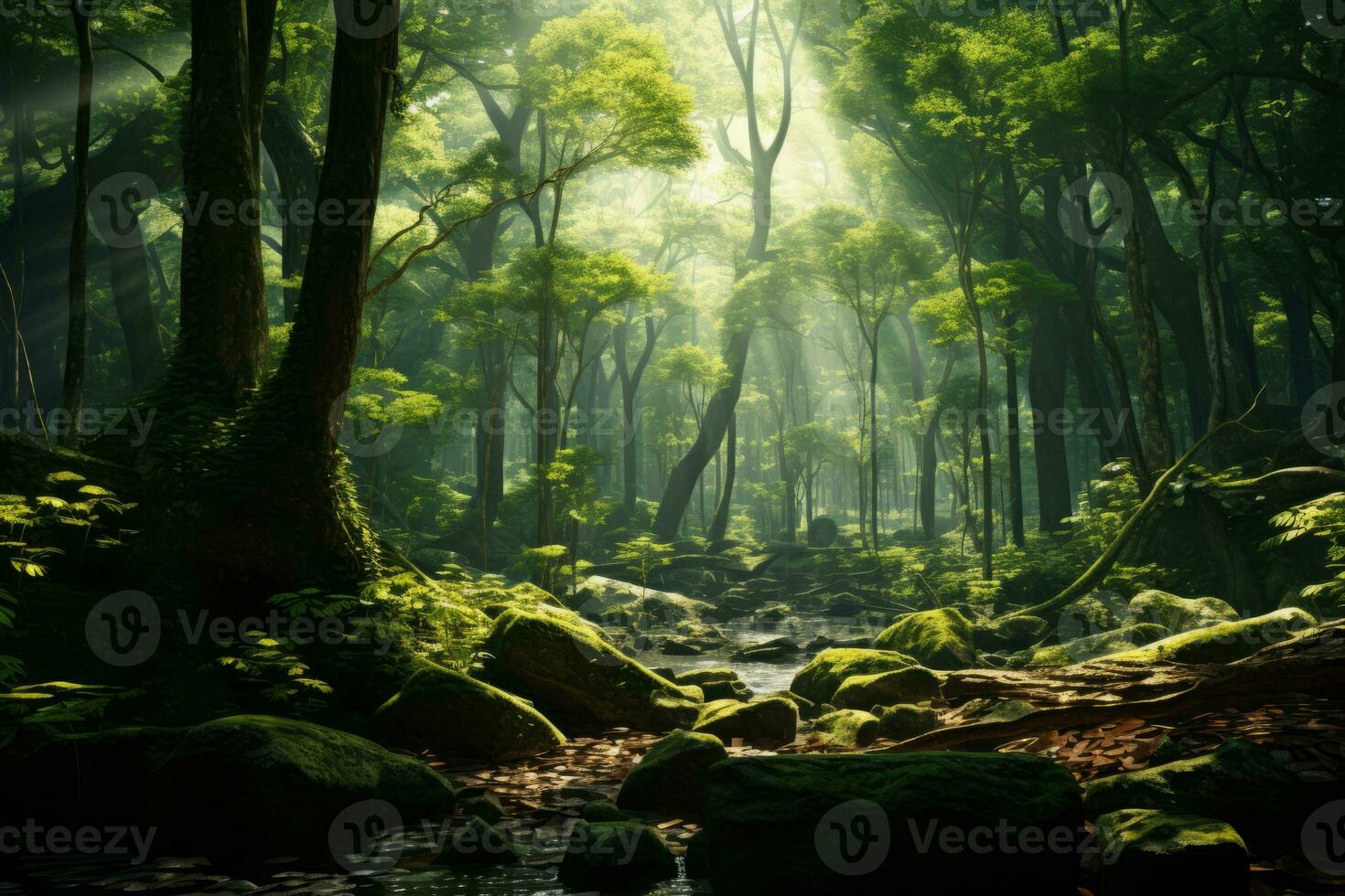 A close up of a lush forest bathed in sunlight. Generative AI photo