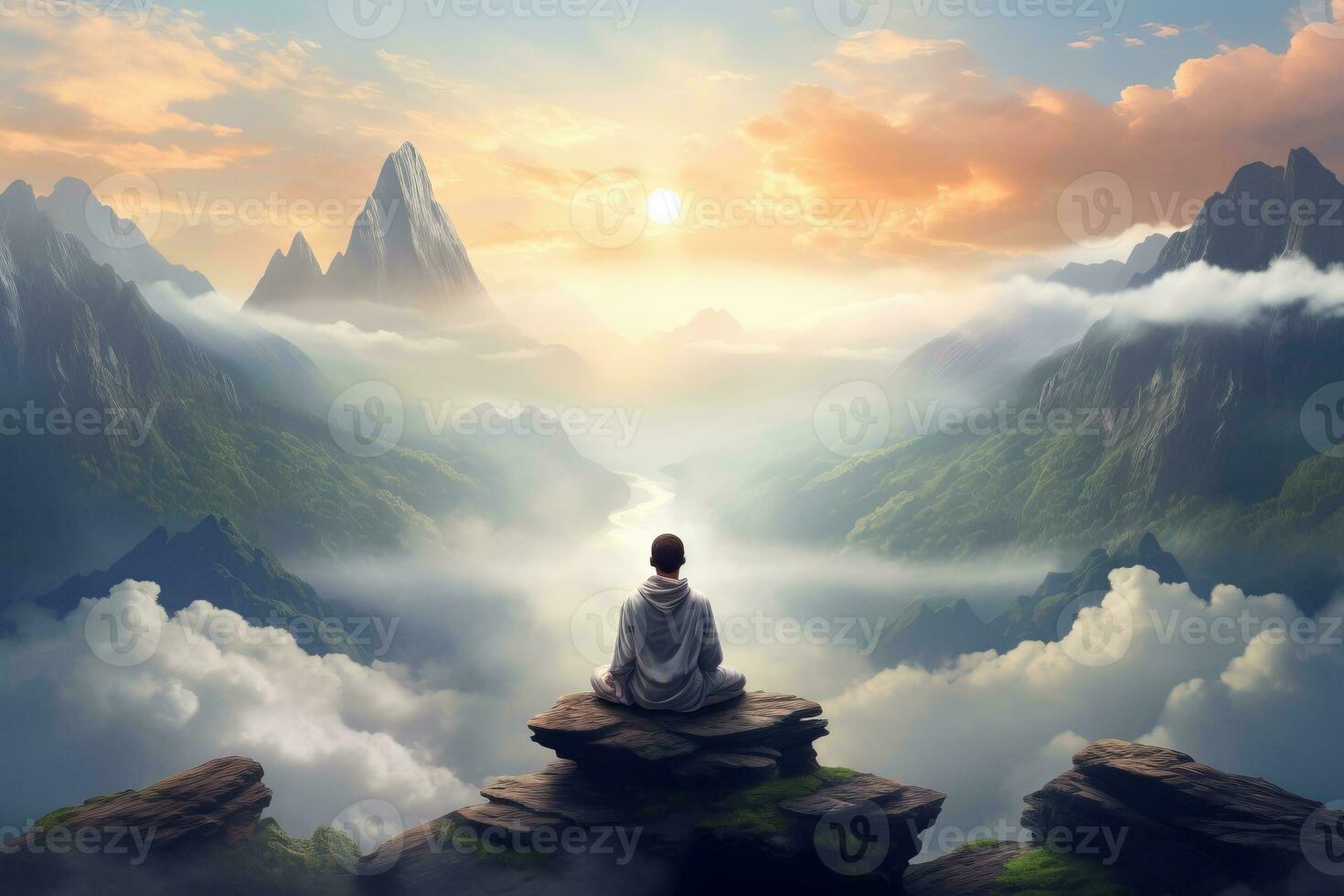 Person enjoying the breathtaking view from a mountain peak. Generative AI photo
