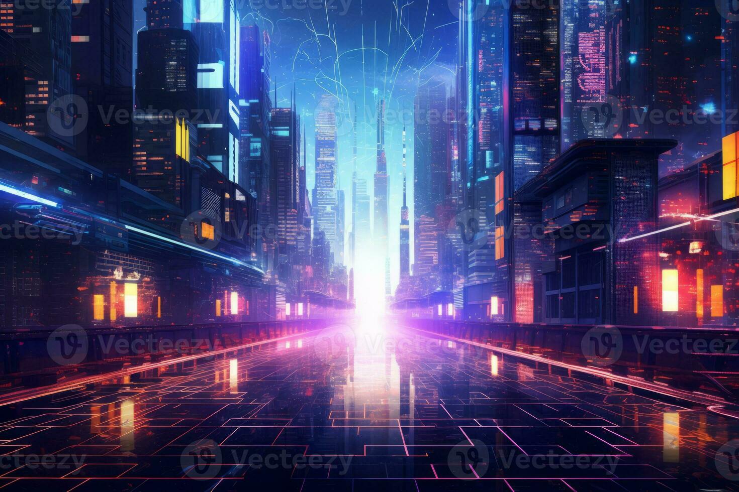 Vibrant and illuminated futuristic cityscape at night. Generative AI photo