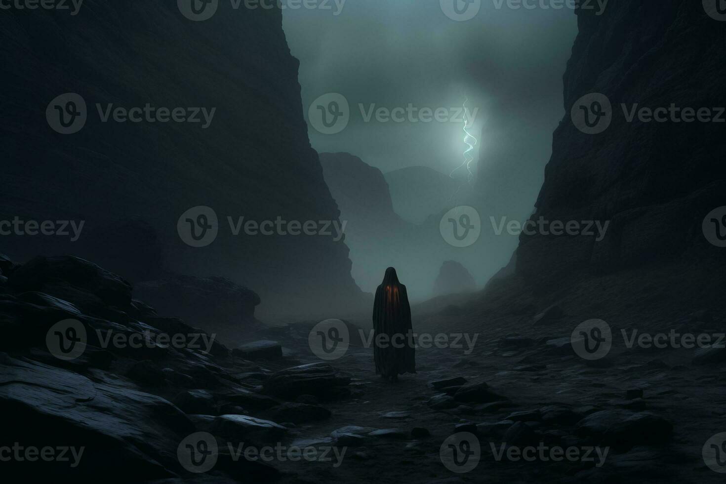 Player's character traversing a hauntingly beautiful alien landscape. Generative AI photo