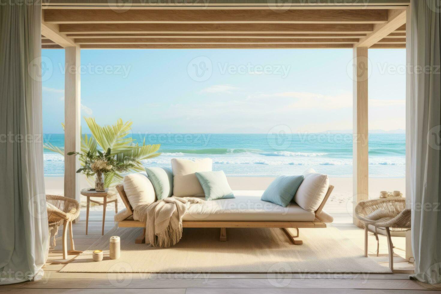 Living room with a couch a table and some chairs. Generative AI photo