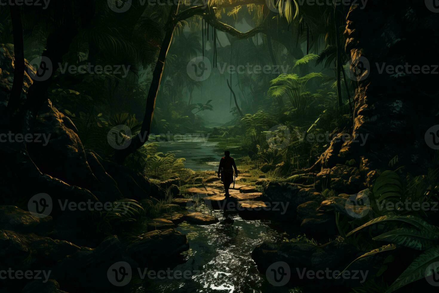 A player's character navigating through a dense jungle. Generative AI photo