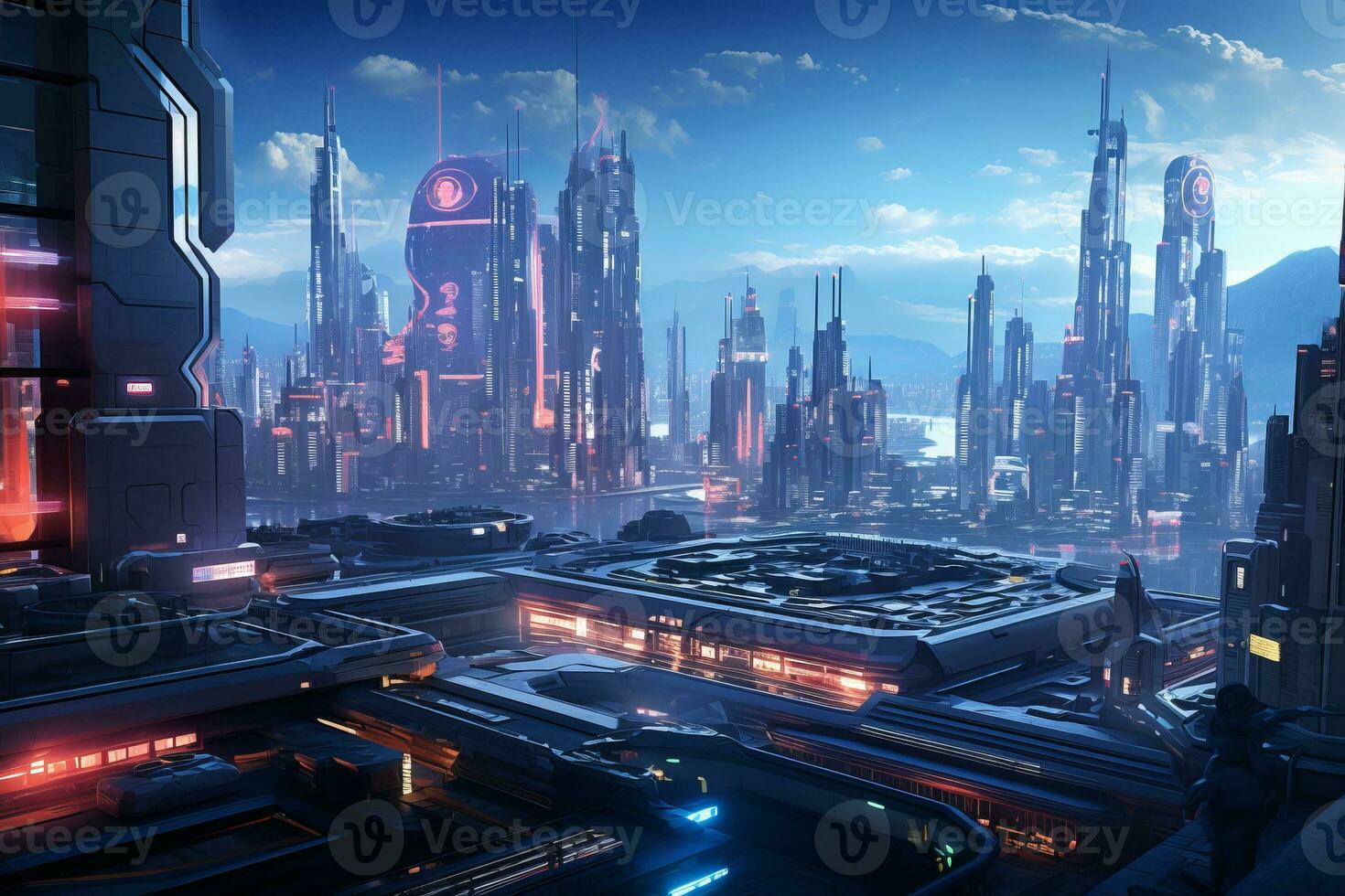 Cinematic scene showcasing the grandeur of a virtual cityscape. Generative AI photo