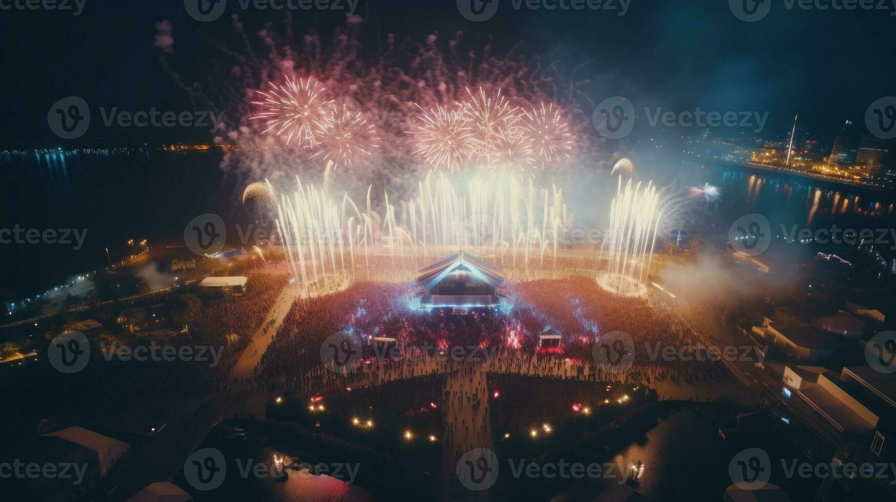 Aerial music festival with stages, crowds, and fireworks. Generative AI photo