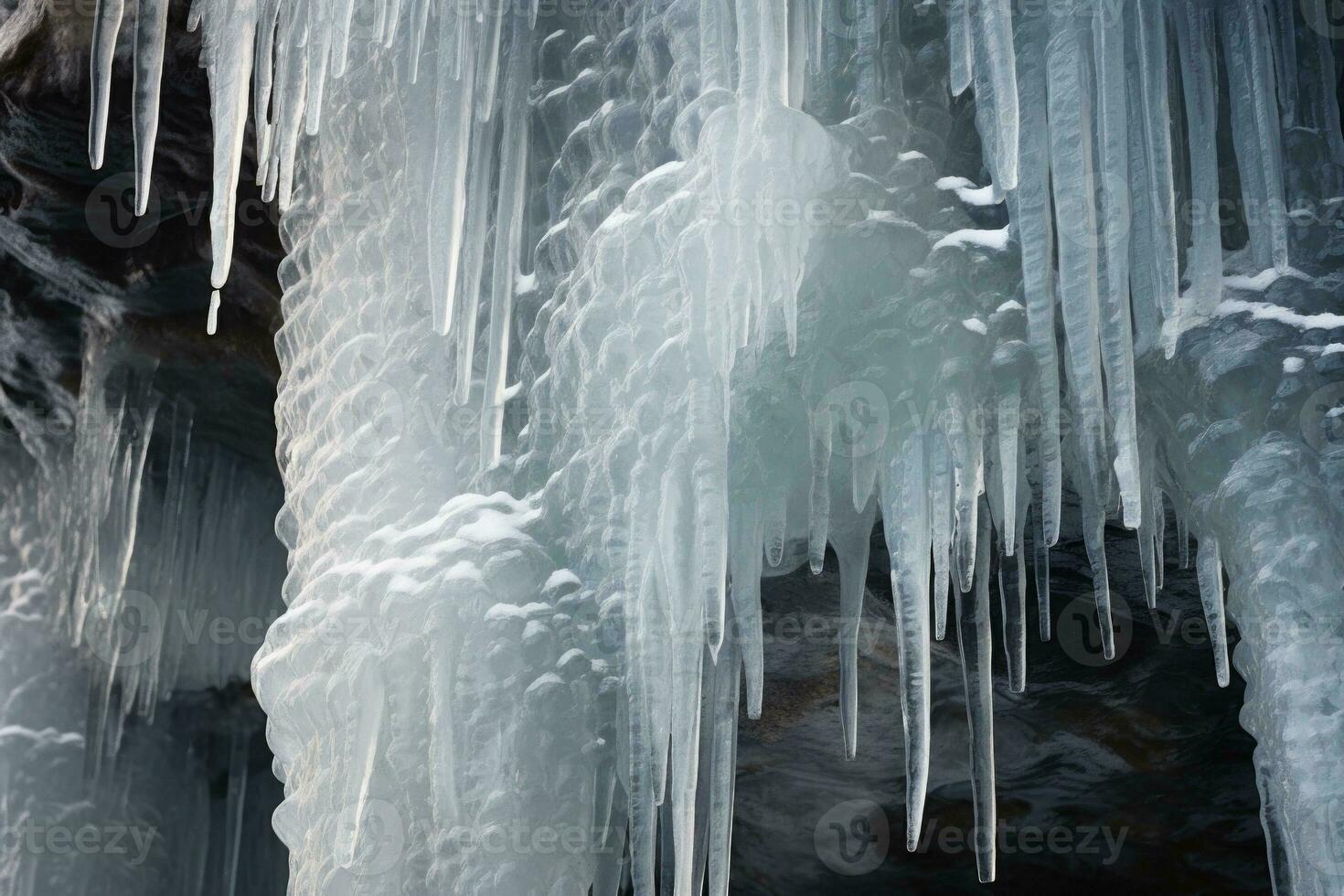 Intricate Ice Formations on Frozen Waterfall. Generative AI photo