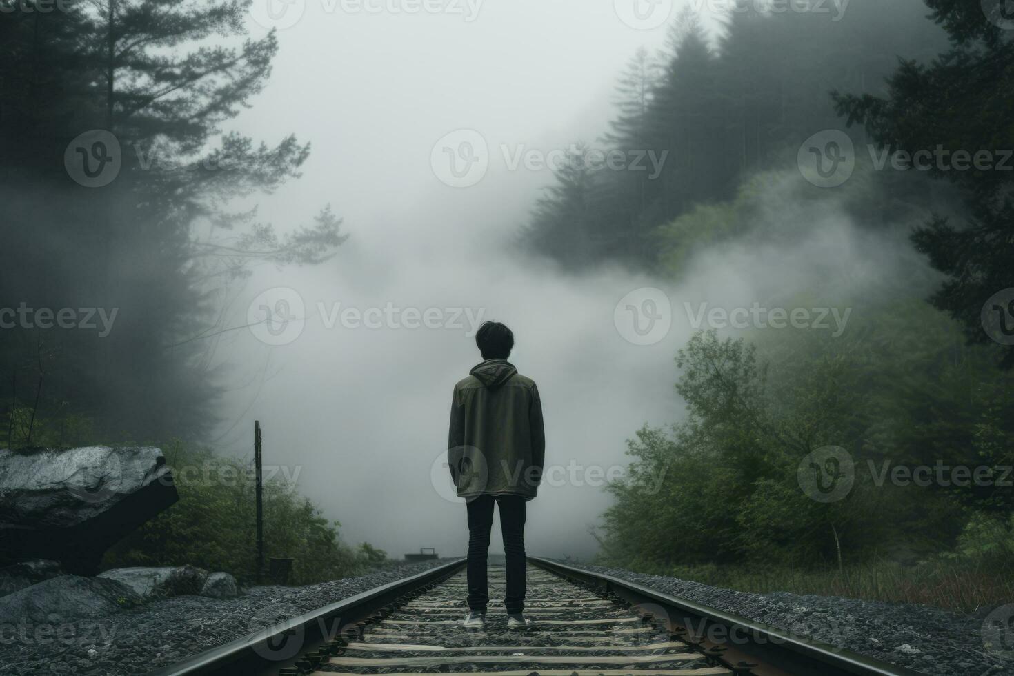 Conceptual image of a person looking into a foggy distance. Generative AI photo