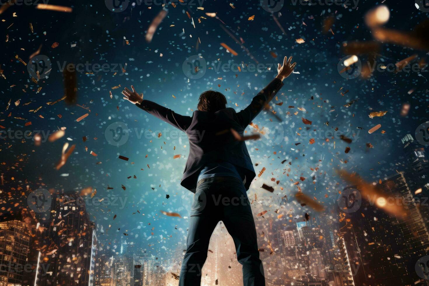 Jumping Amidst Falling Confetti for New Year's. Generative AI photo