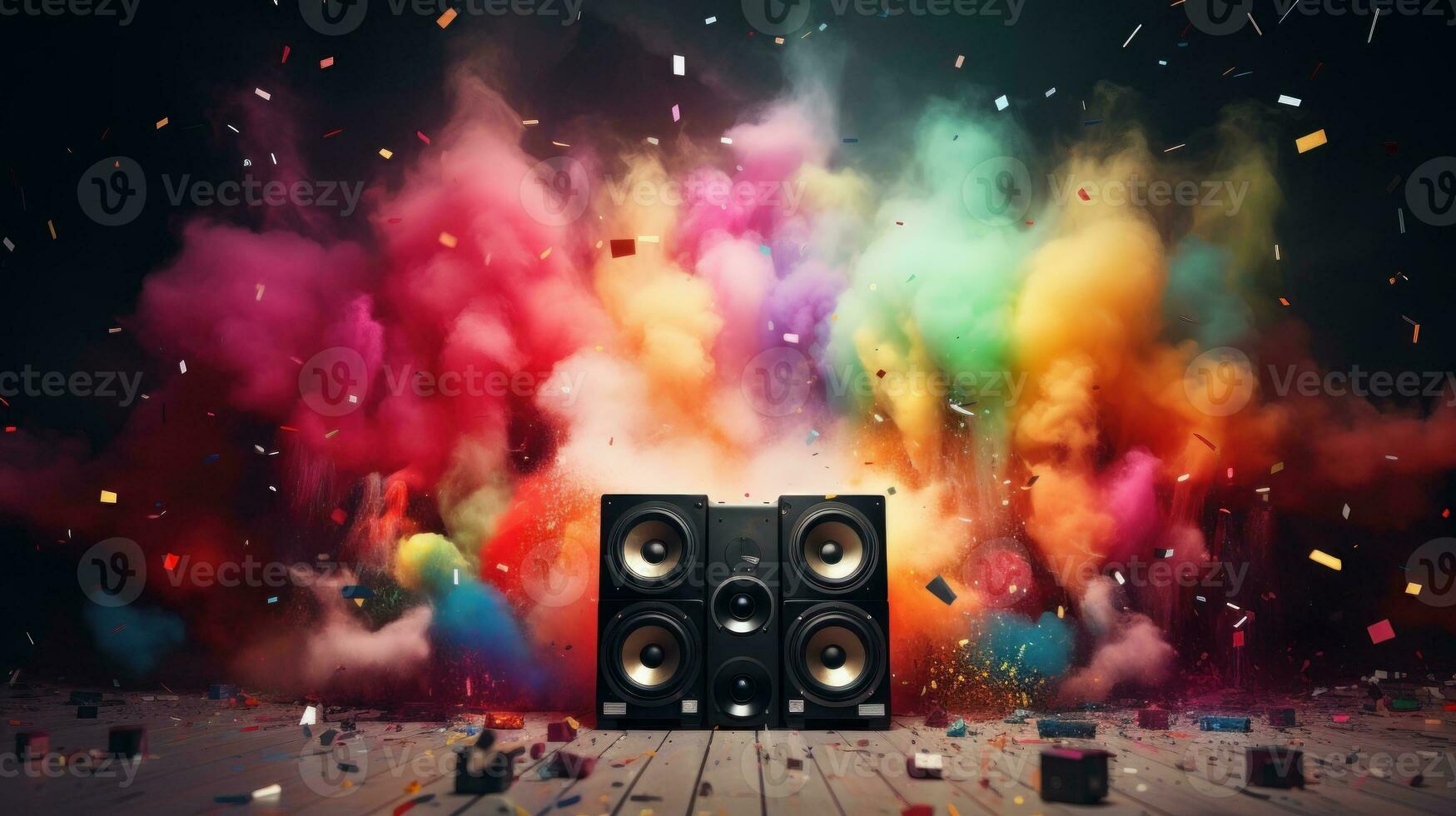 Creative audio speakers pulsating and emitting colorful particles