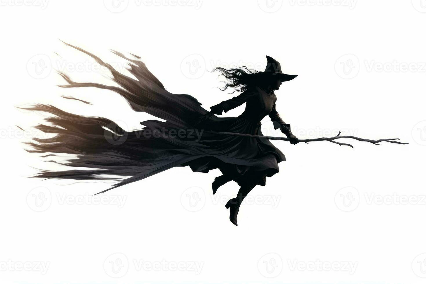 Silhouette of a witch flying on a broom. Generative AI photo