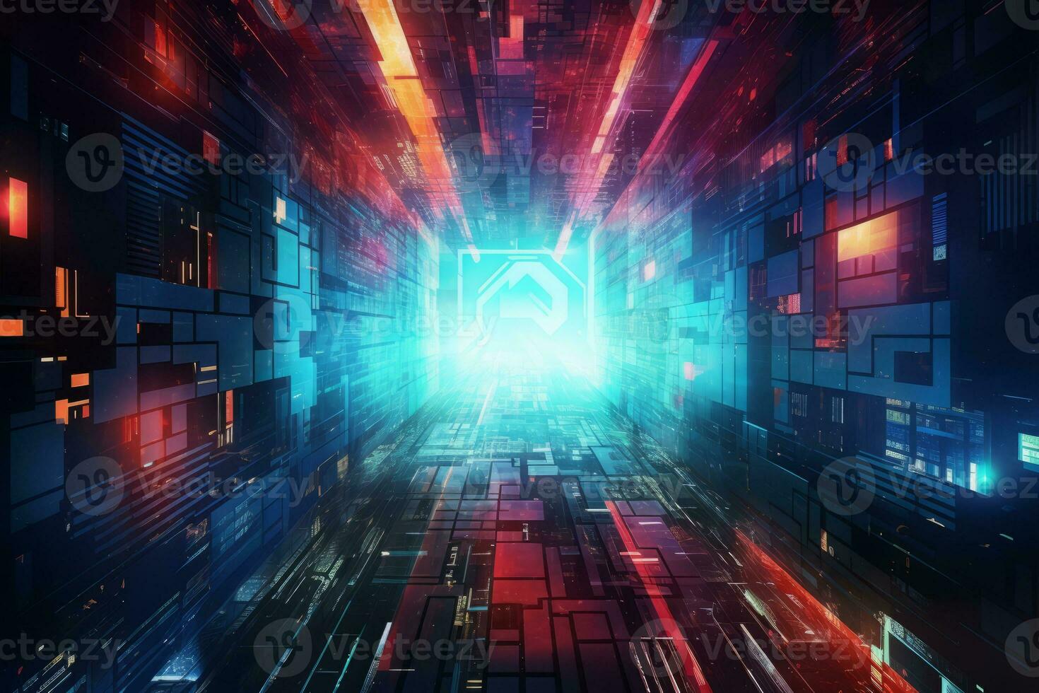 Vibrant tunnel illuminated by an array of colorful lights. Generative AI photo