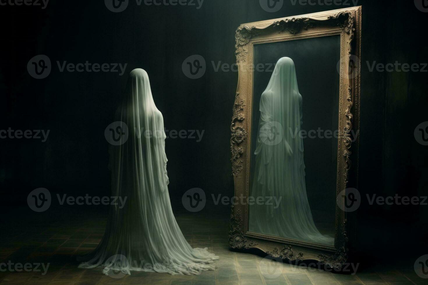Ghostly apparition in an old mirror.. Generative AI photo