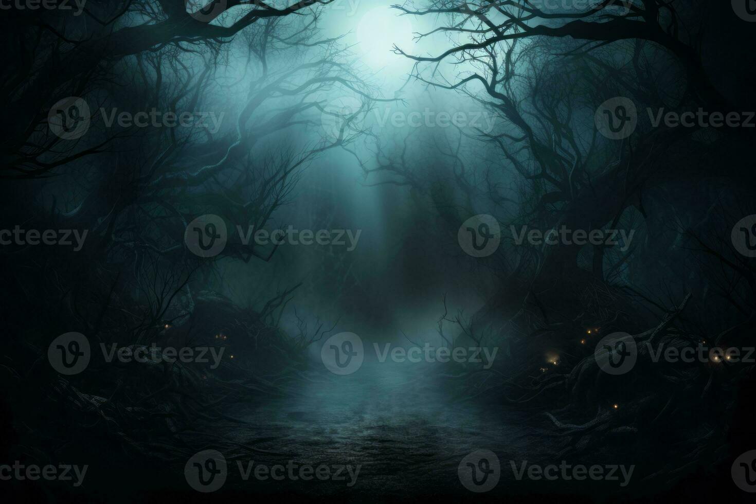 Haunted forest with mist and copy space. Generative AI photo