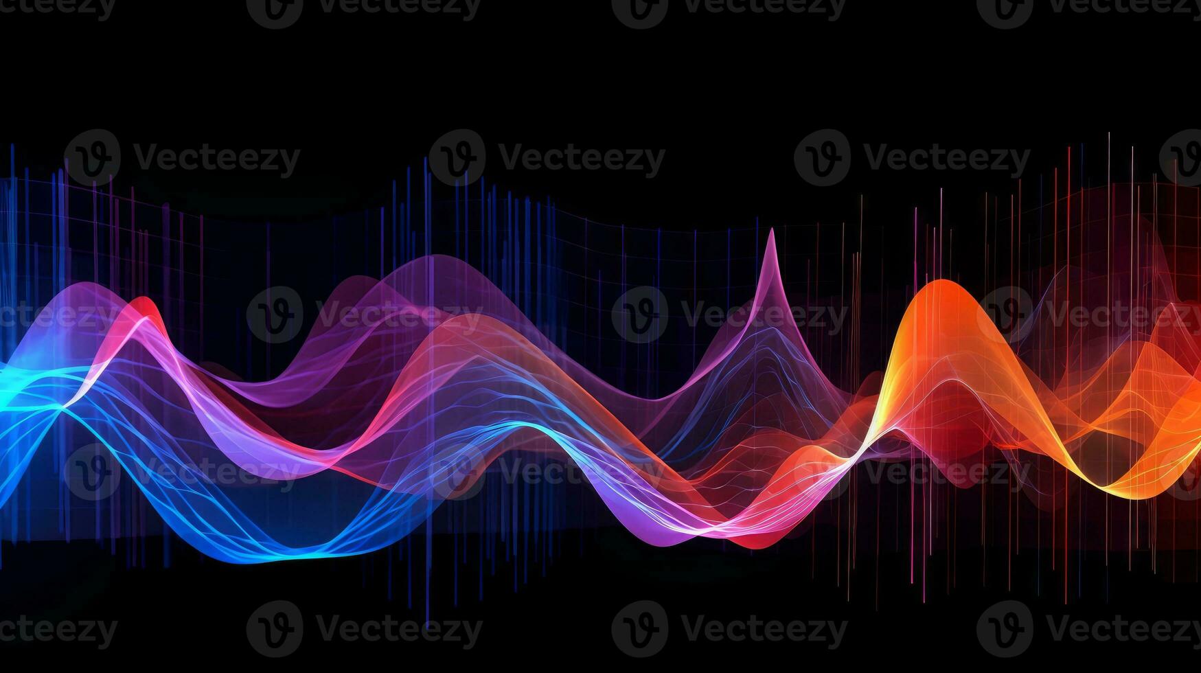 Hypnotic audio waveforms merging and diverging. Generative AI photo
