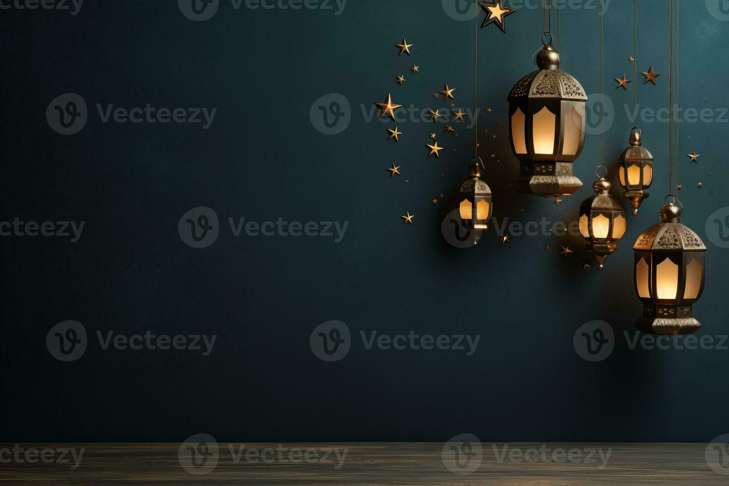 Lanterns and crescent moon. Generative AI photo