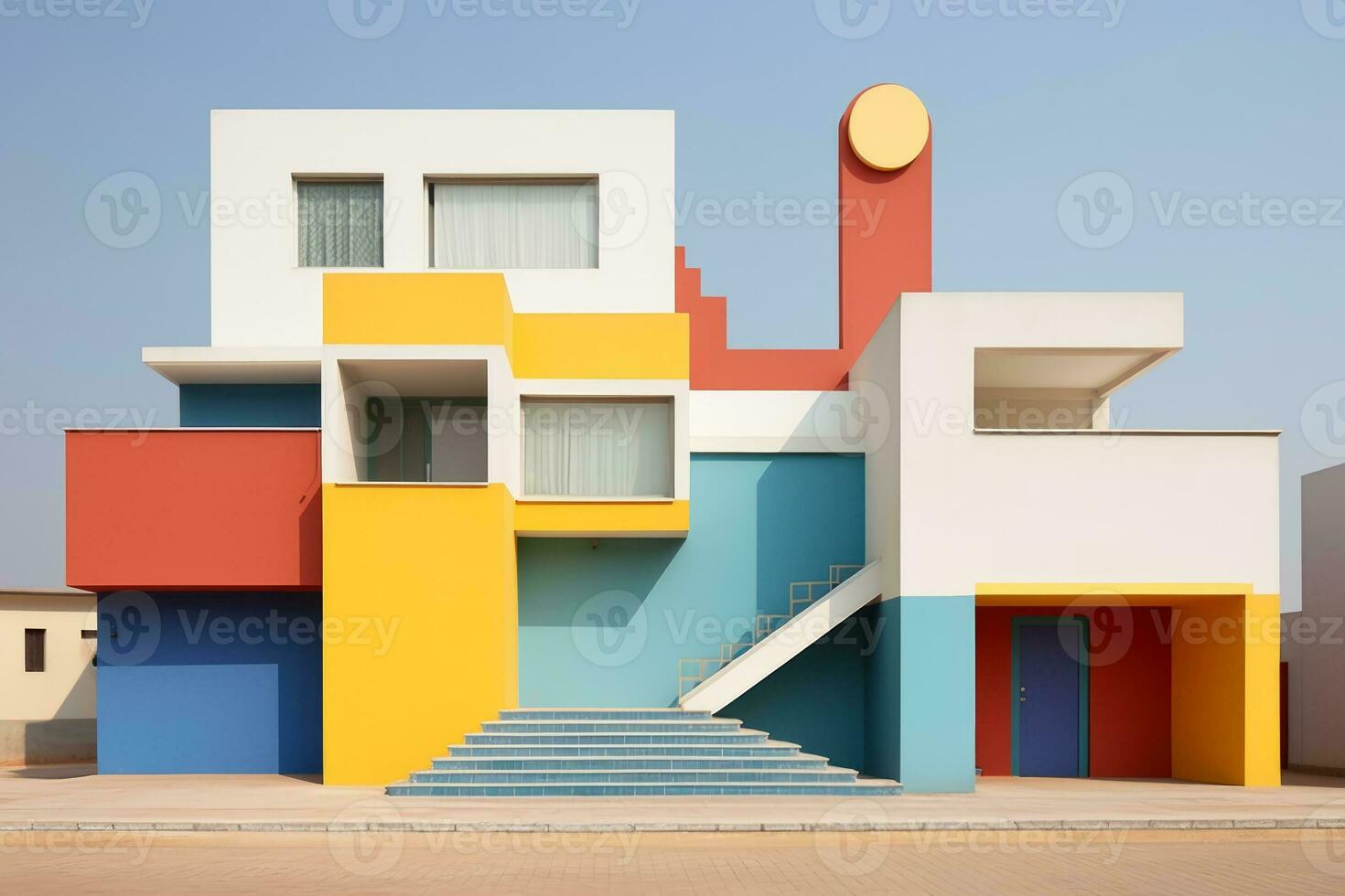 A multicolored building with stairs leading up to it. Generative AI photo