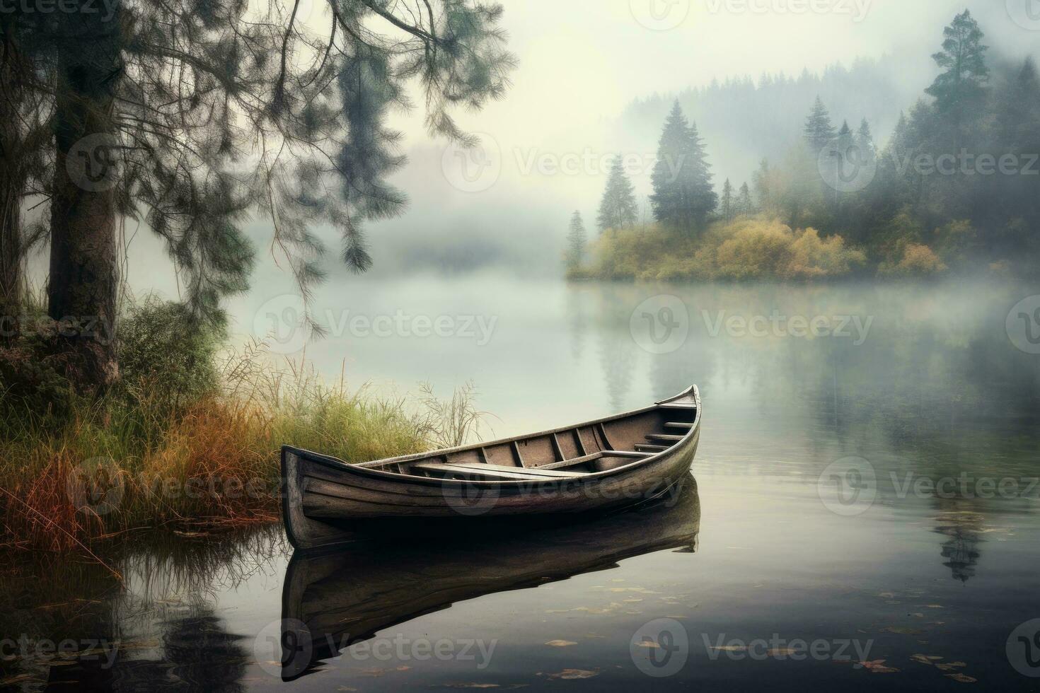 Misty lake scene with a wooden rowboat. Generative AI photo