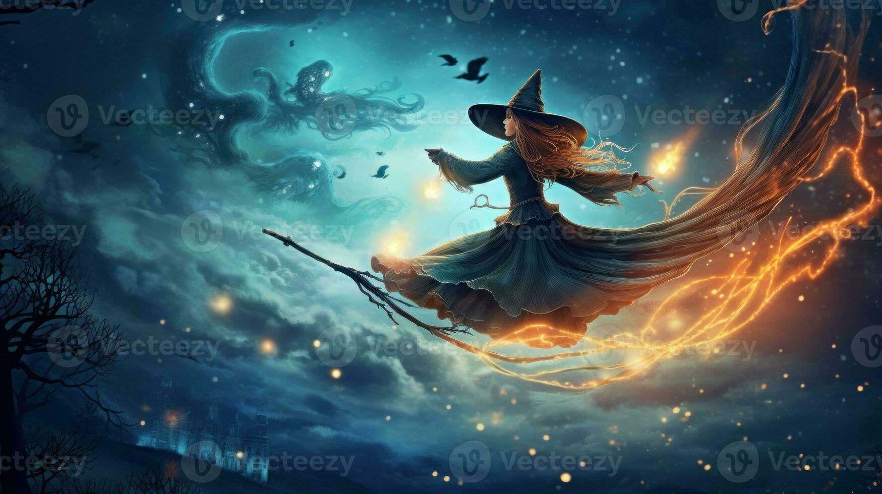 Mysterious witch flying on a broomstick. Generative AI photo