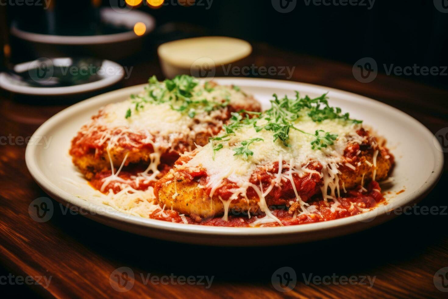 Plates of chicken parmigiana garnished with grated Parmesan. Generative AI photo