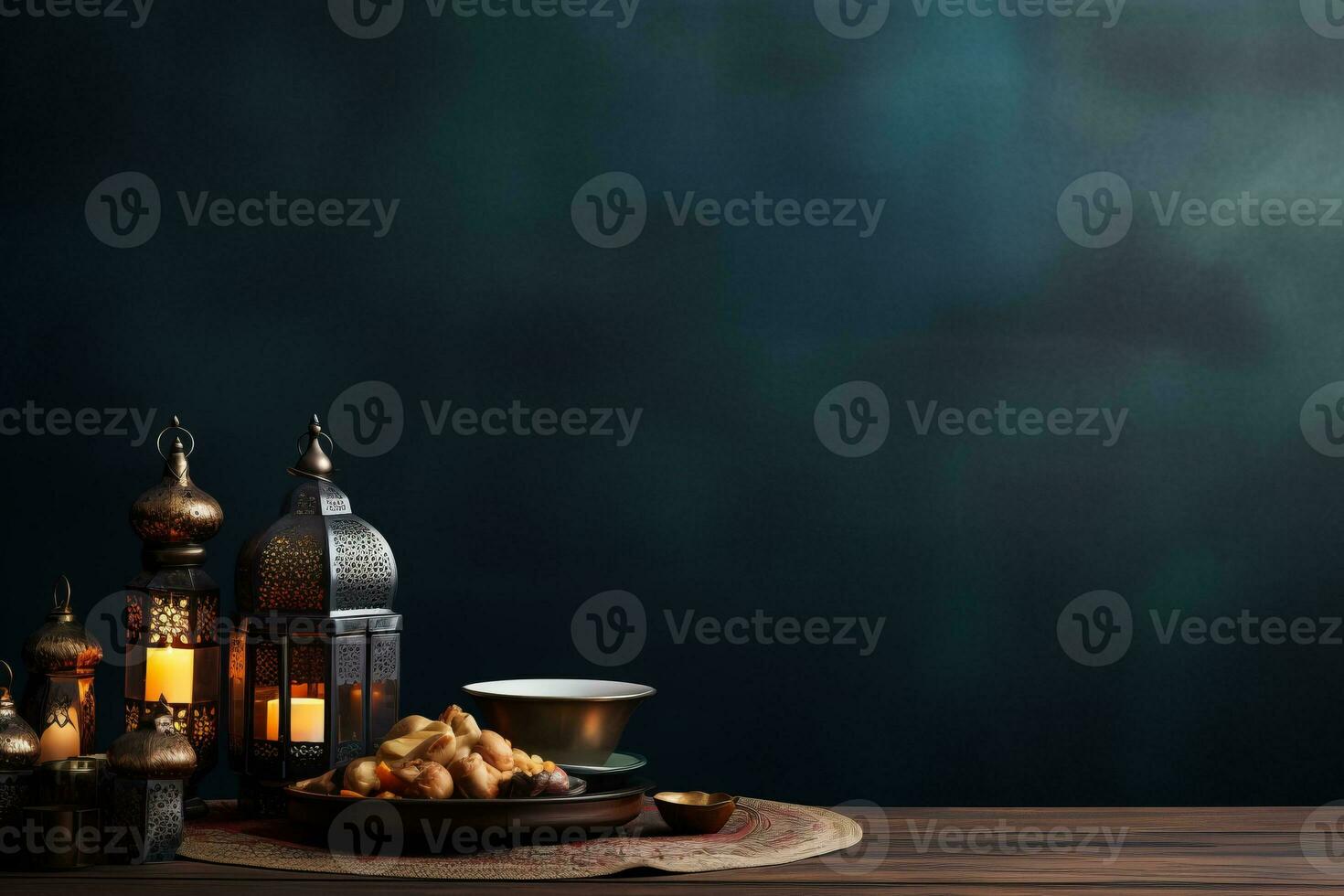 Ramadan iftar table with copy space. Generative AI photo