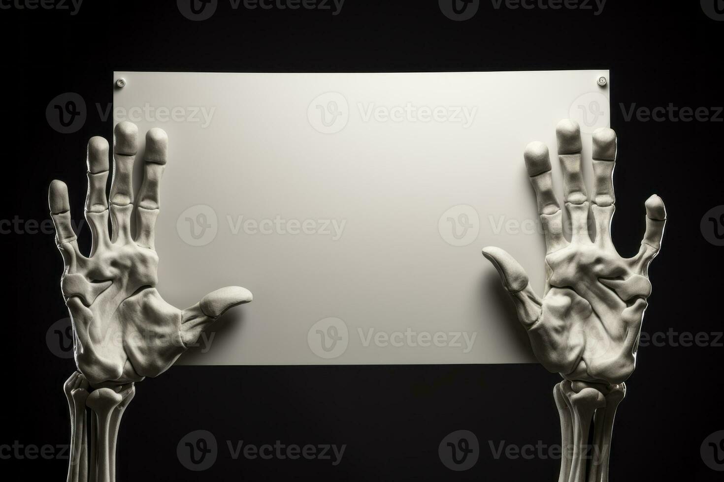 Skeleton hand holding a blank sign for your Halloween festival. Generative AI photo