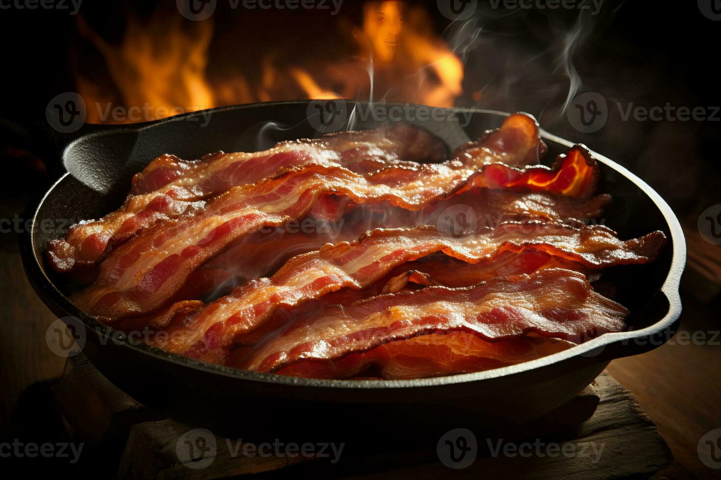 Sizzling bacon strips in a cast iron skillet. Generative AI photo