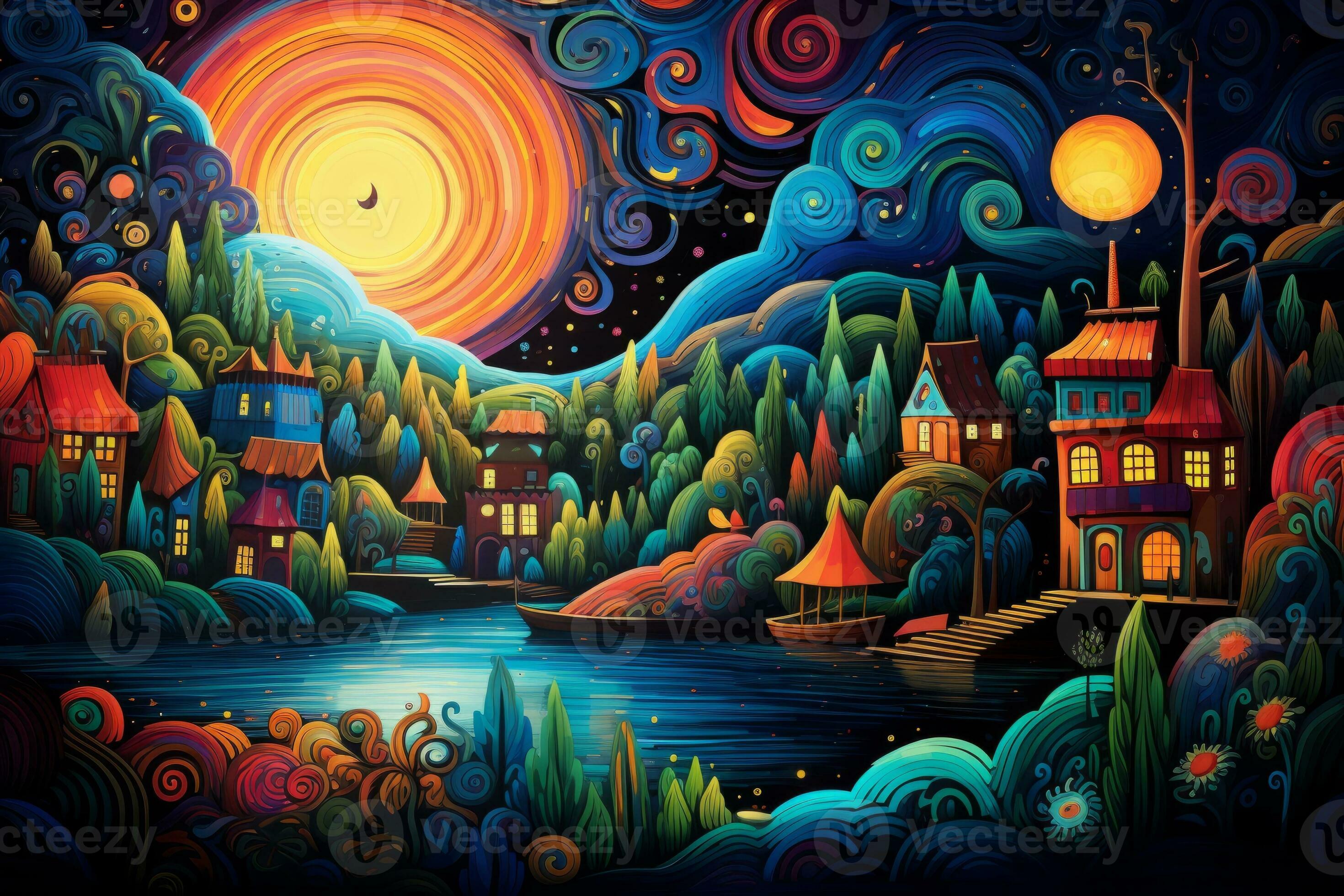 Painting of a night scene with houses and trees. Generative AI