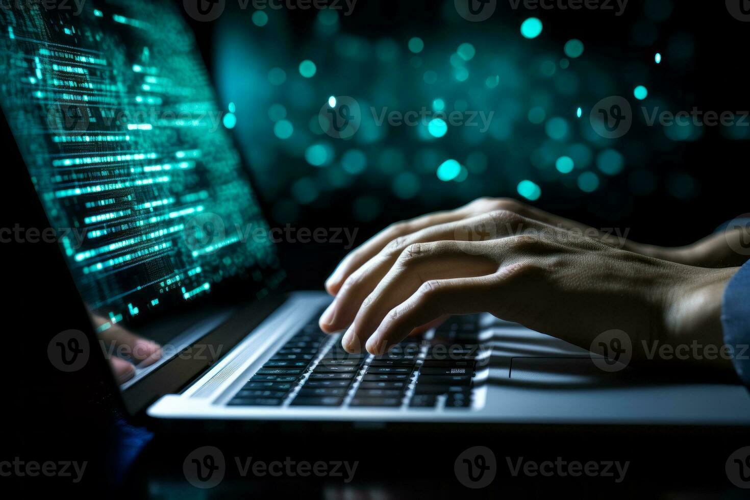 Hand Coding Data Analysis on Laptop. Generative AI photo