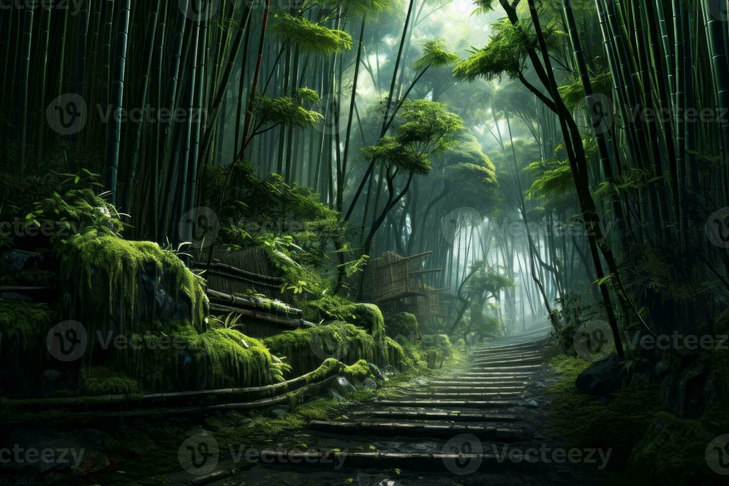 A road through a serene bamboo grove. Generative AI photo