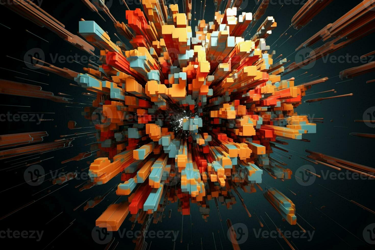 Abstract 3D Digital Data Explosion. Generative AI photo
