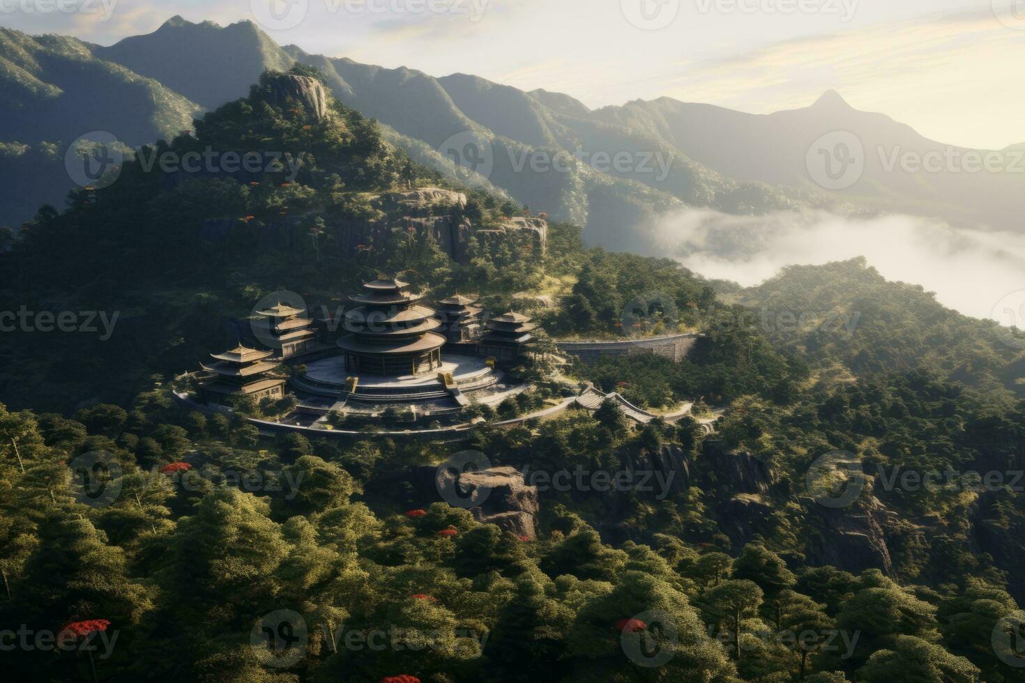 Serene Buddhist Temple in Mountains. Generative AI photo