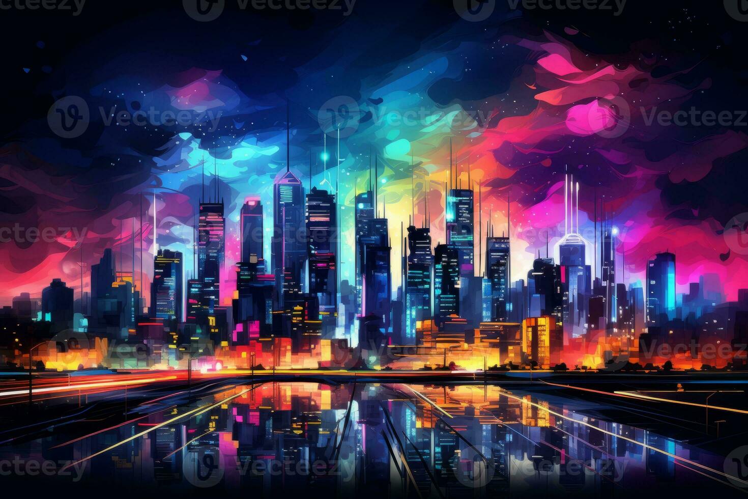 Vibrant Neon City Skyline. Generative AI photo