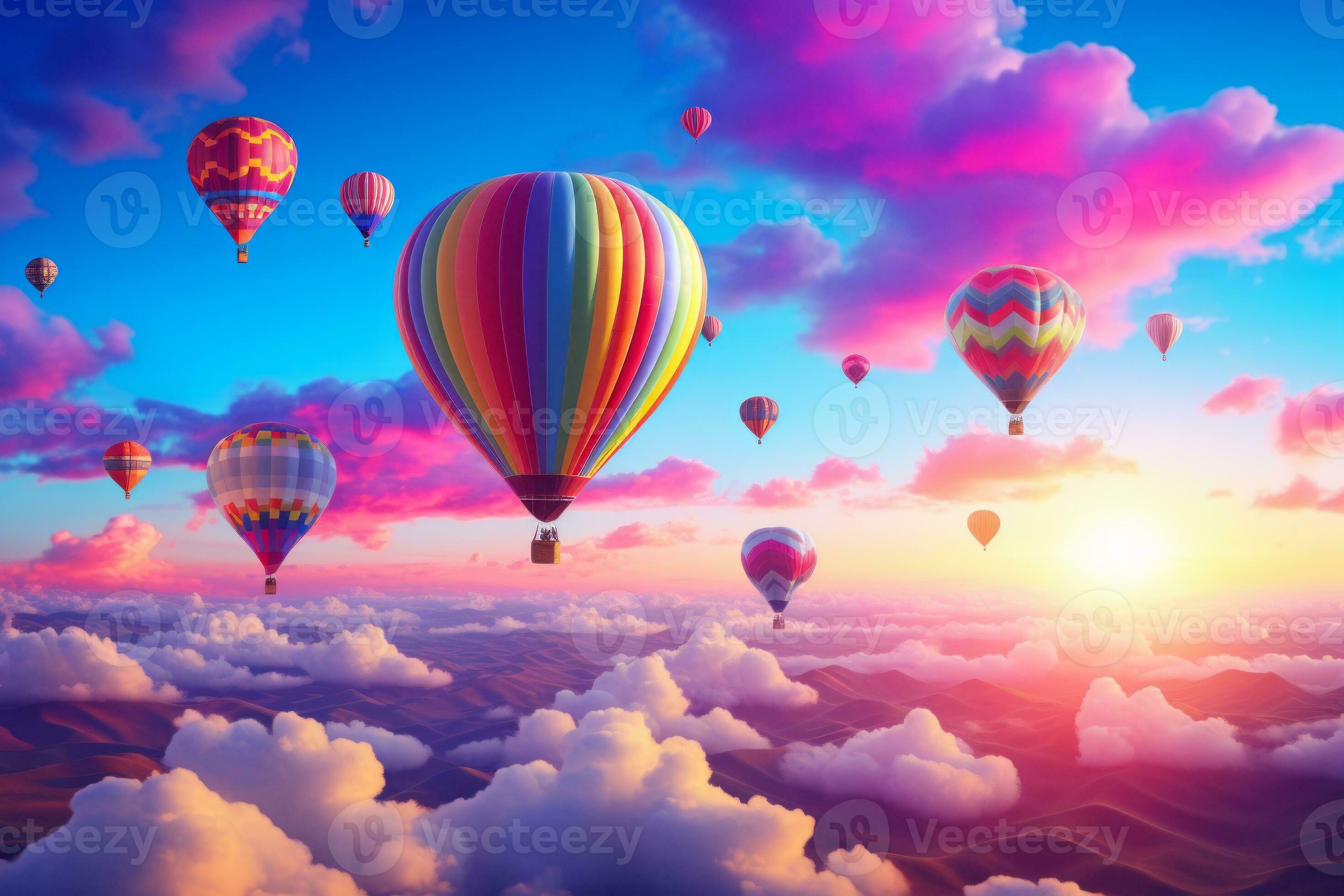 Vibrant sky background with colorful hot air balloons. Generative AI