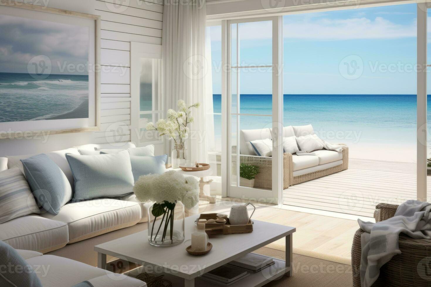Cozy living room with a breathtaking ocean view. Generative AI photo