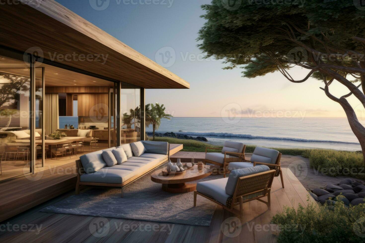 Living room with a couch a table and chairs. Generative AI photo