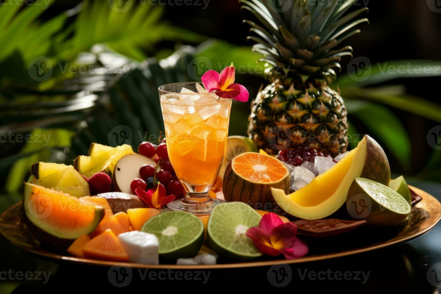 A close up of a tropical fruit platter accompanied by glasses of rum punch. Generative AI photo