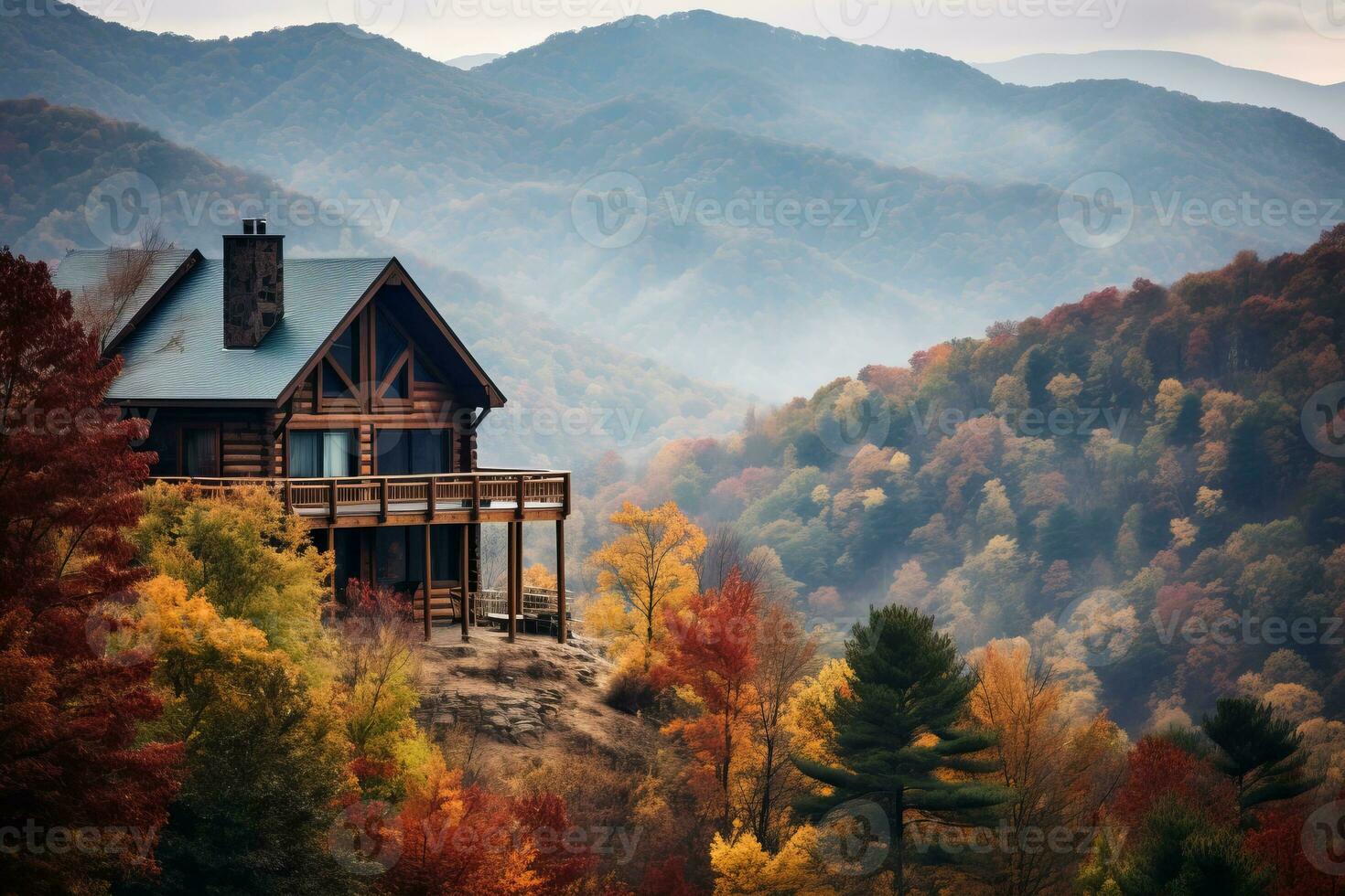Cabin in Valley Amidst Fall Foliage. Generative AI photo