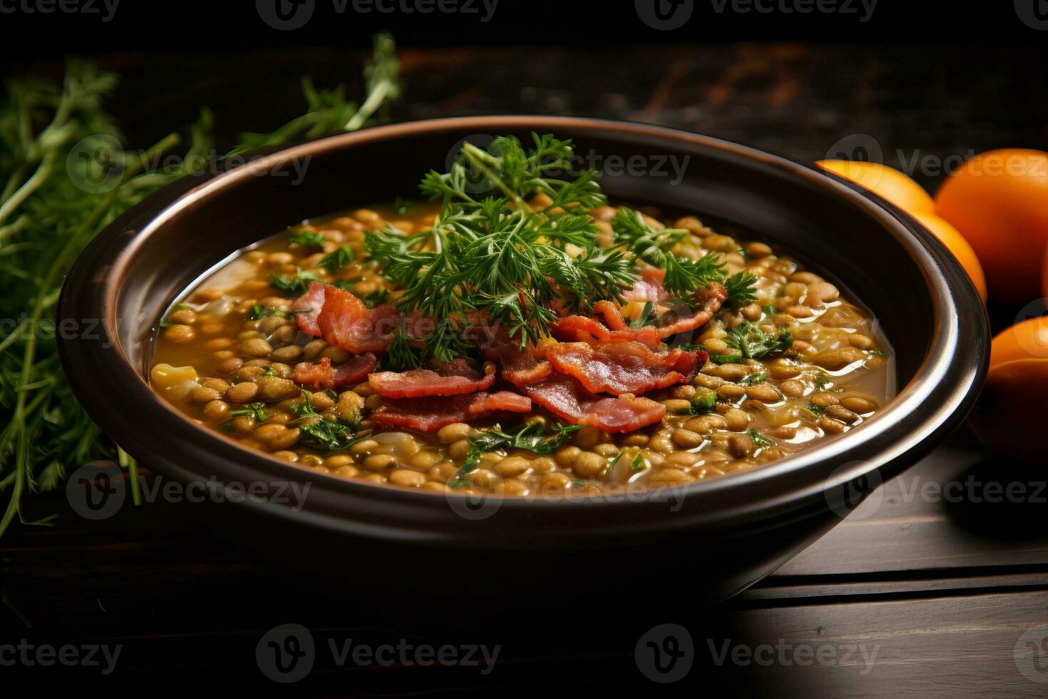 Bacon and lentil soup garnished with fresh herbs. Generative AI photo