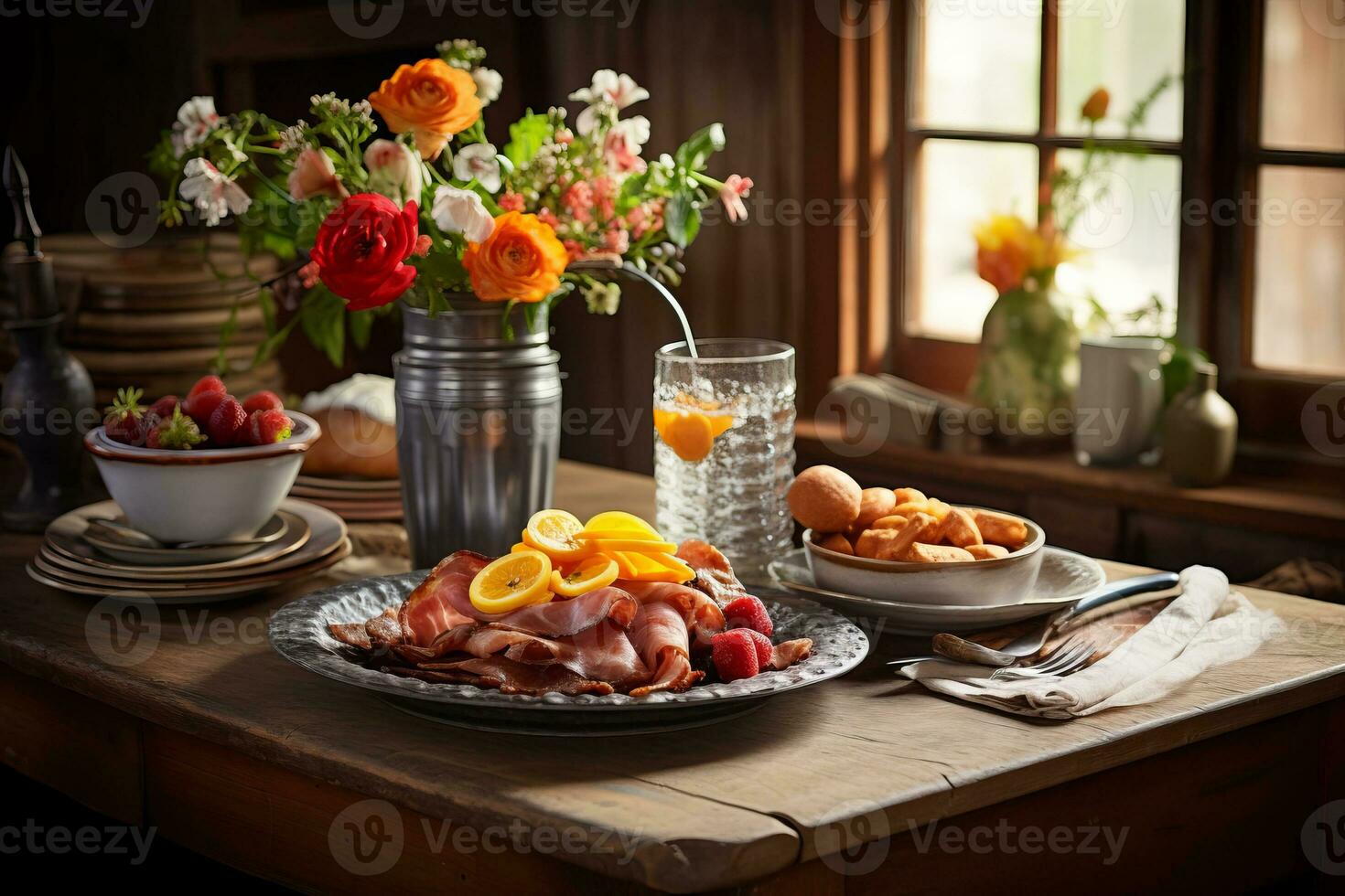 Farmhouse breakfast table adorned with bacon and fresh fruit. Generative AI photo