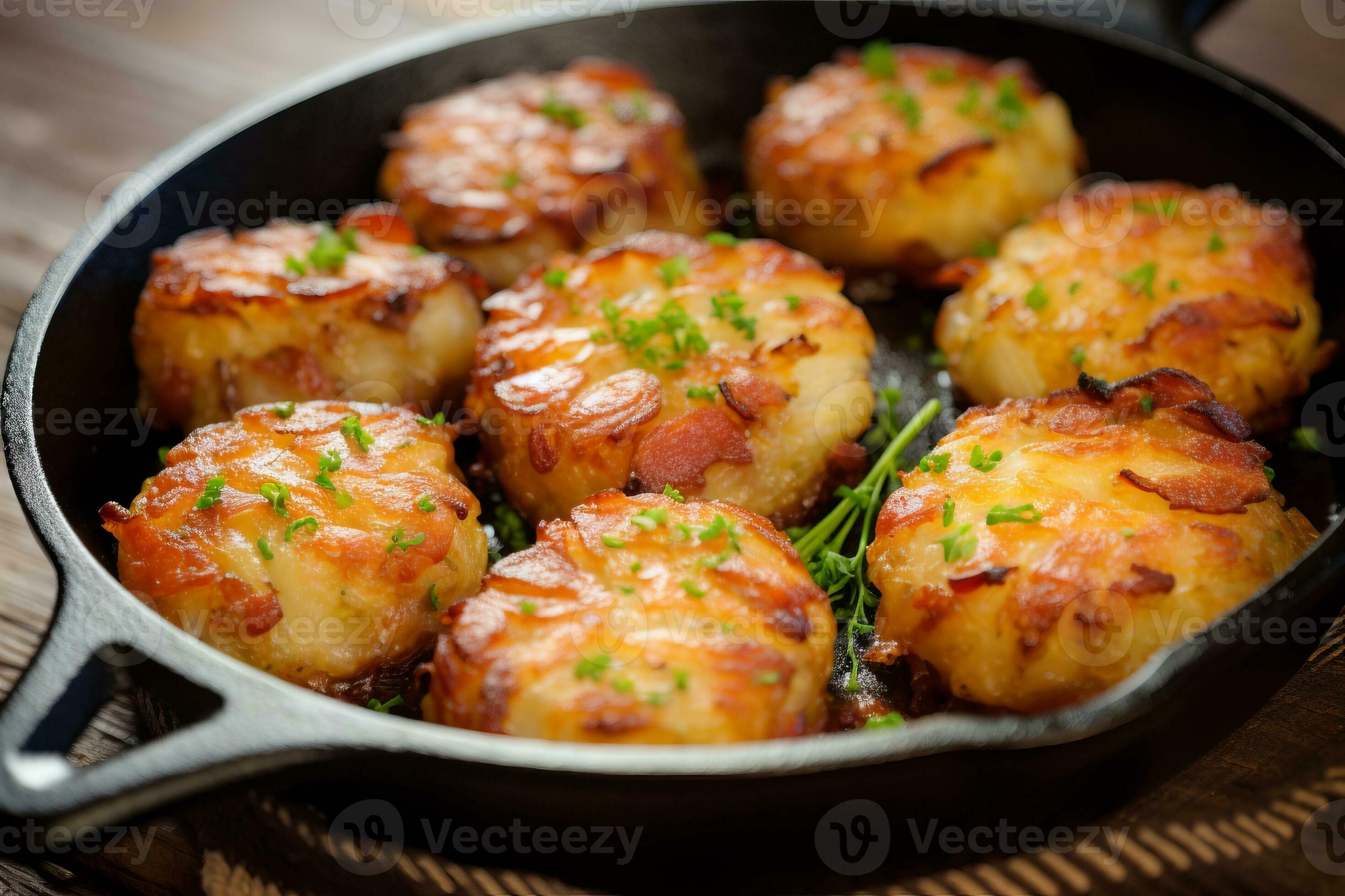 A skillet of bacon wrapped hash brown patties. Generative AI 31580941