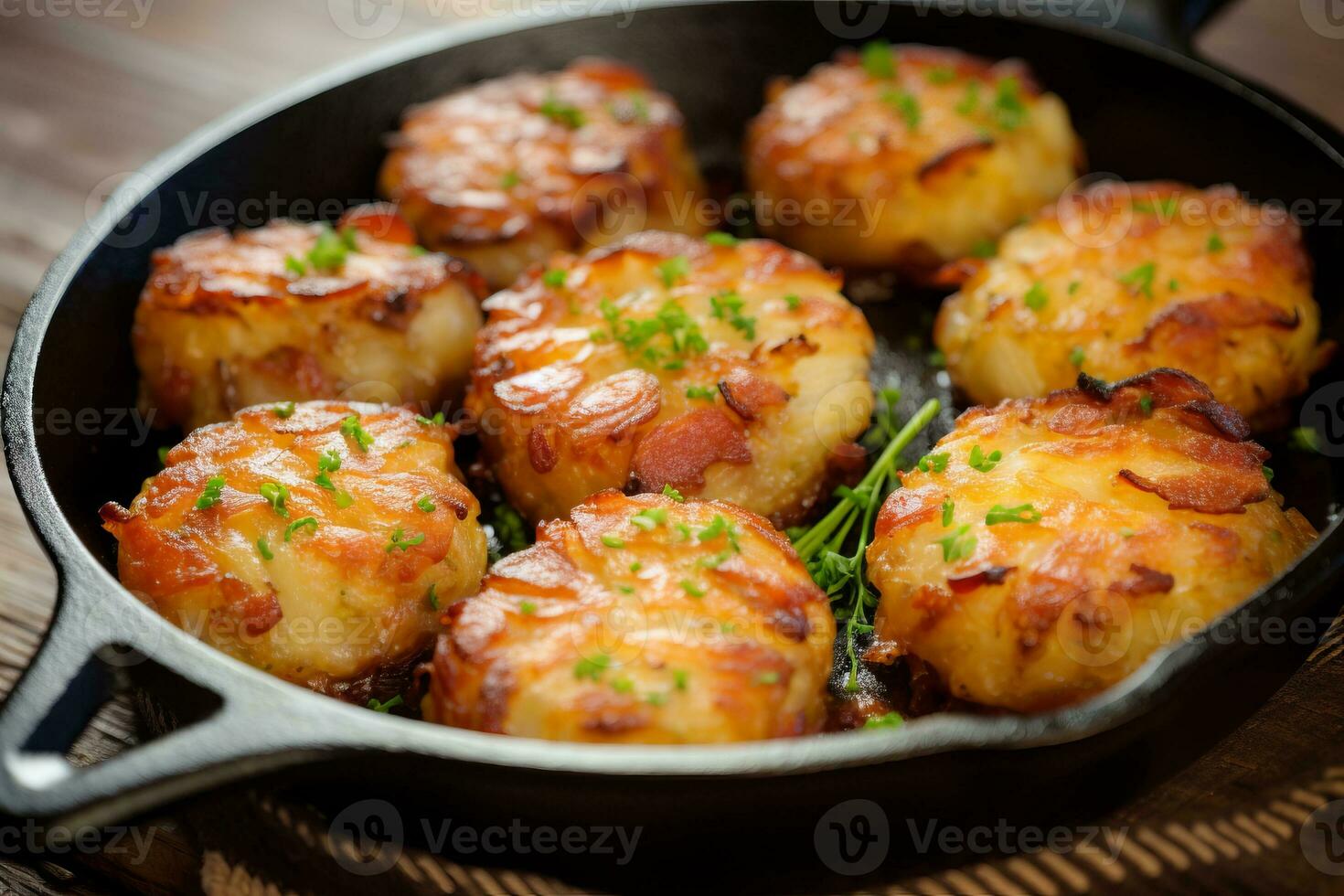 A skillet of bacon wrapped hash brown patties. Generative AI photo