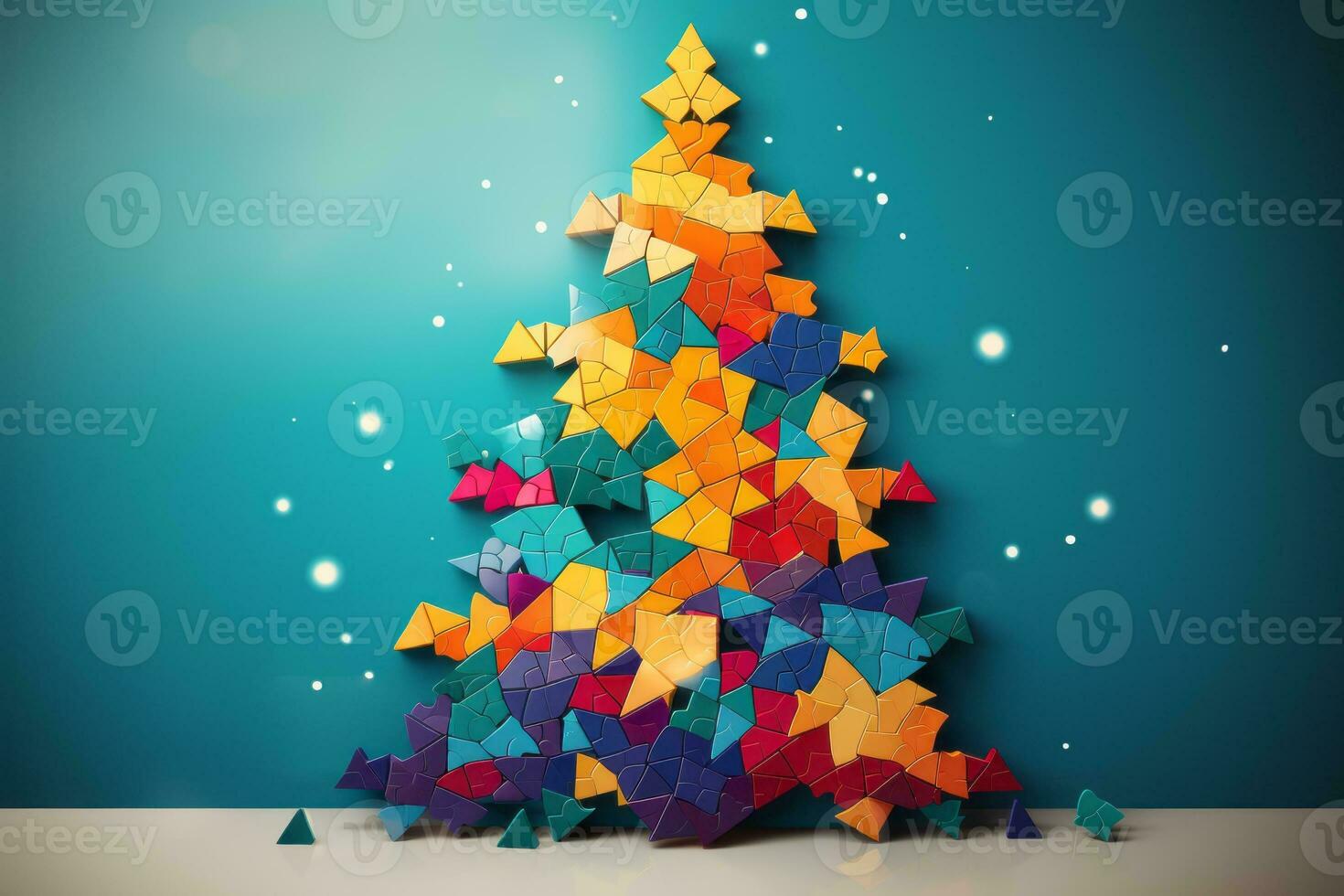 Abstract Christmas tree made of colorful puzzle pieces. Generative AI photo