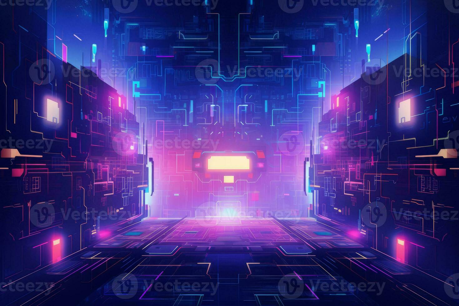 Futuristic hallway with neon lights leading into a tunnel. Generative AI photo