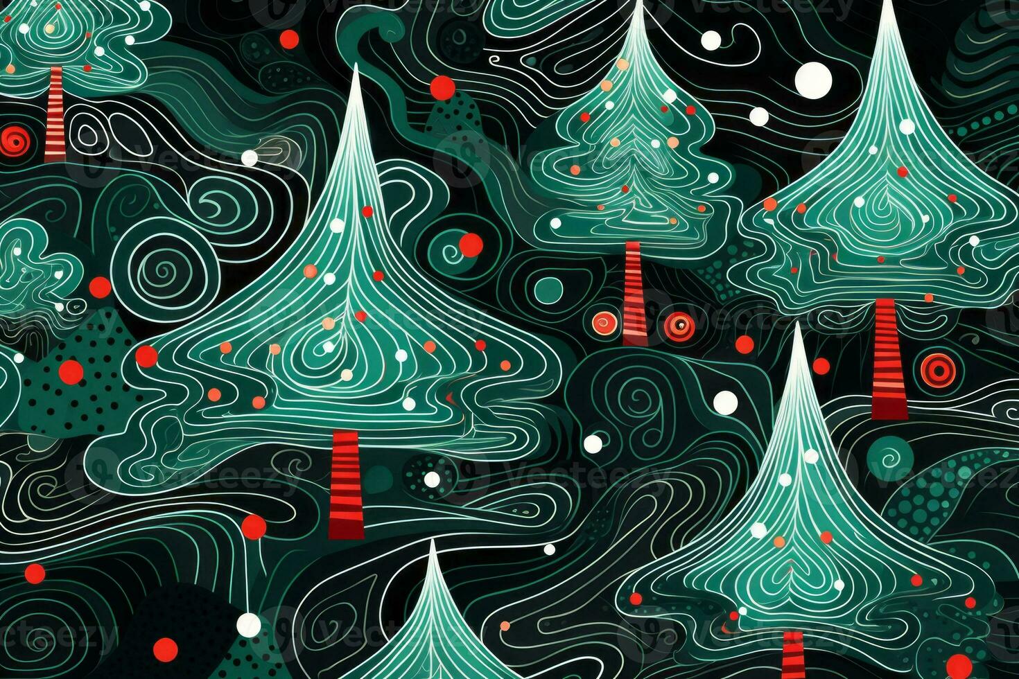 Christmas tree pattern on a black background. Generative AI photo