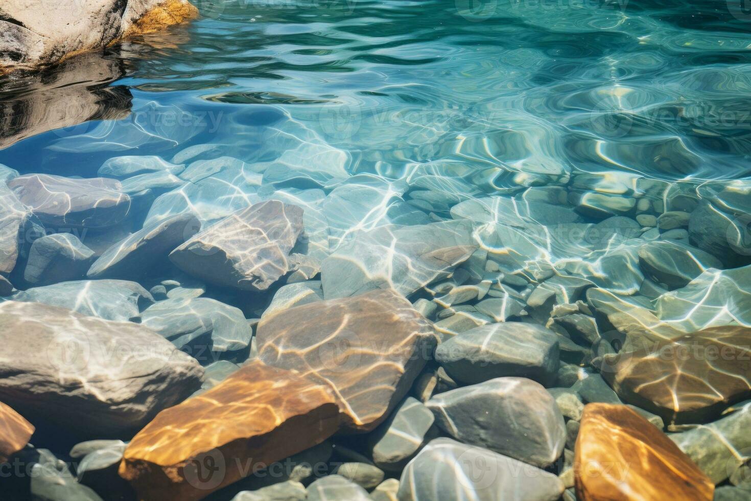 Water patterns with rocks beneath the clear surface. Generative AI photo