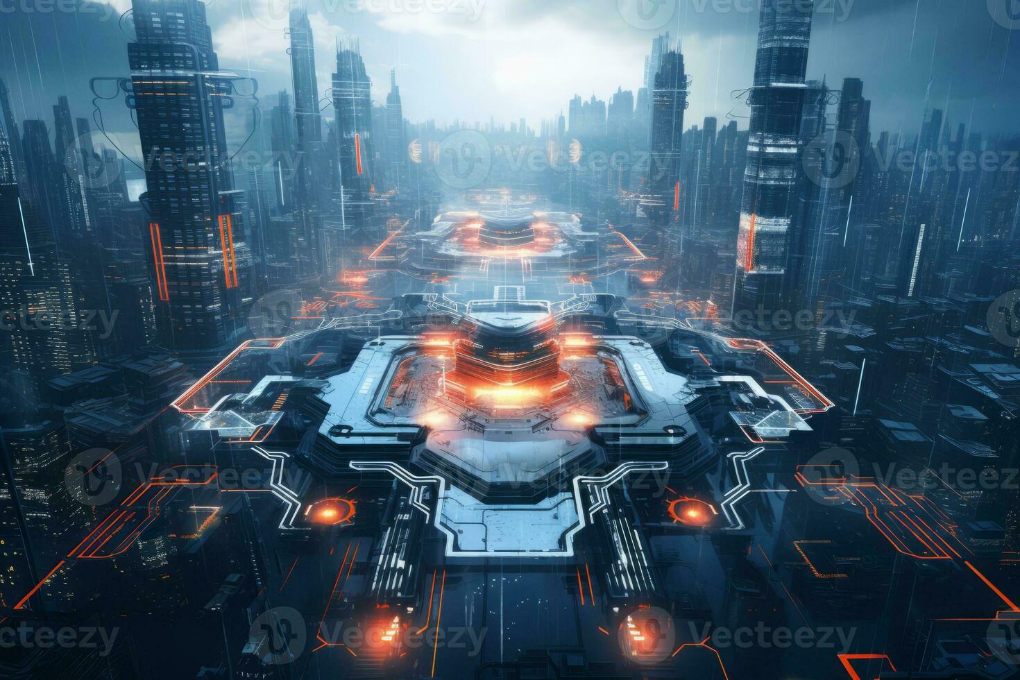 Futuristic cityscape with glowing lights. Generative AI photo