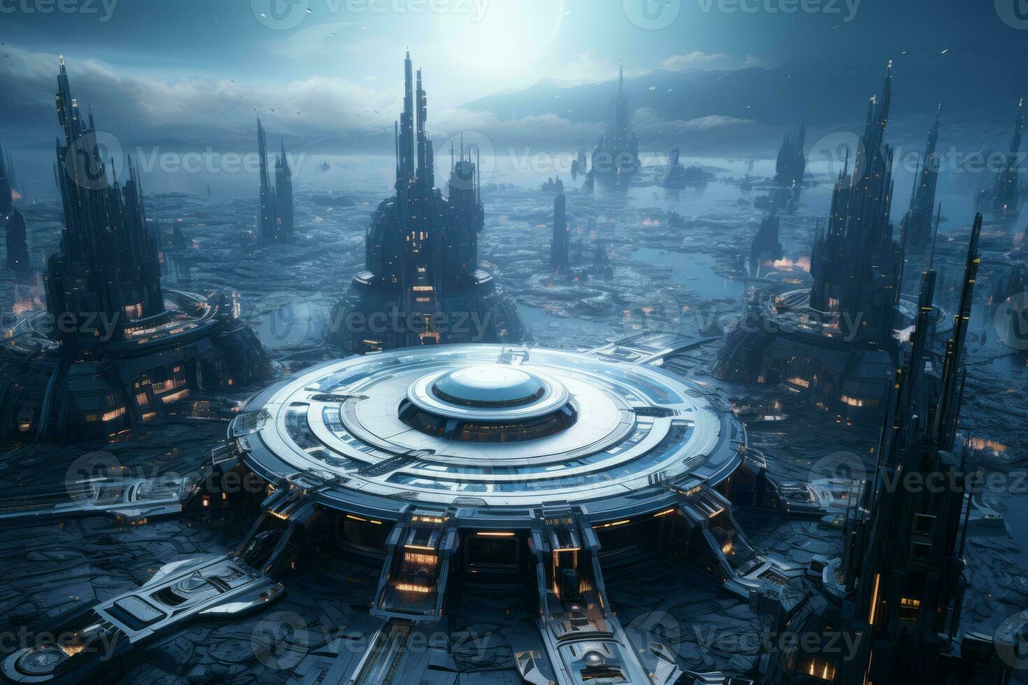 Futuristic city with lots of tall buildings. Generative AI photo
