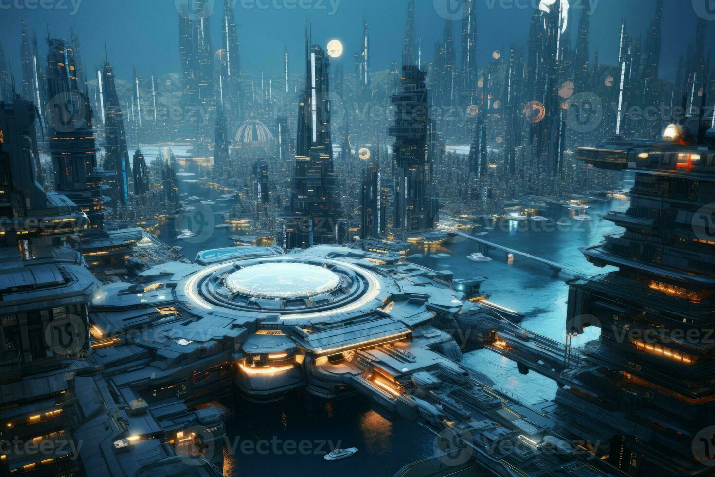 Futuristic city at night with a circular building. Generative AI photo