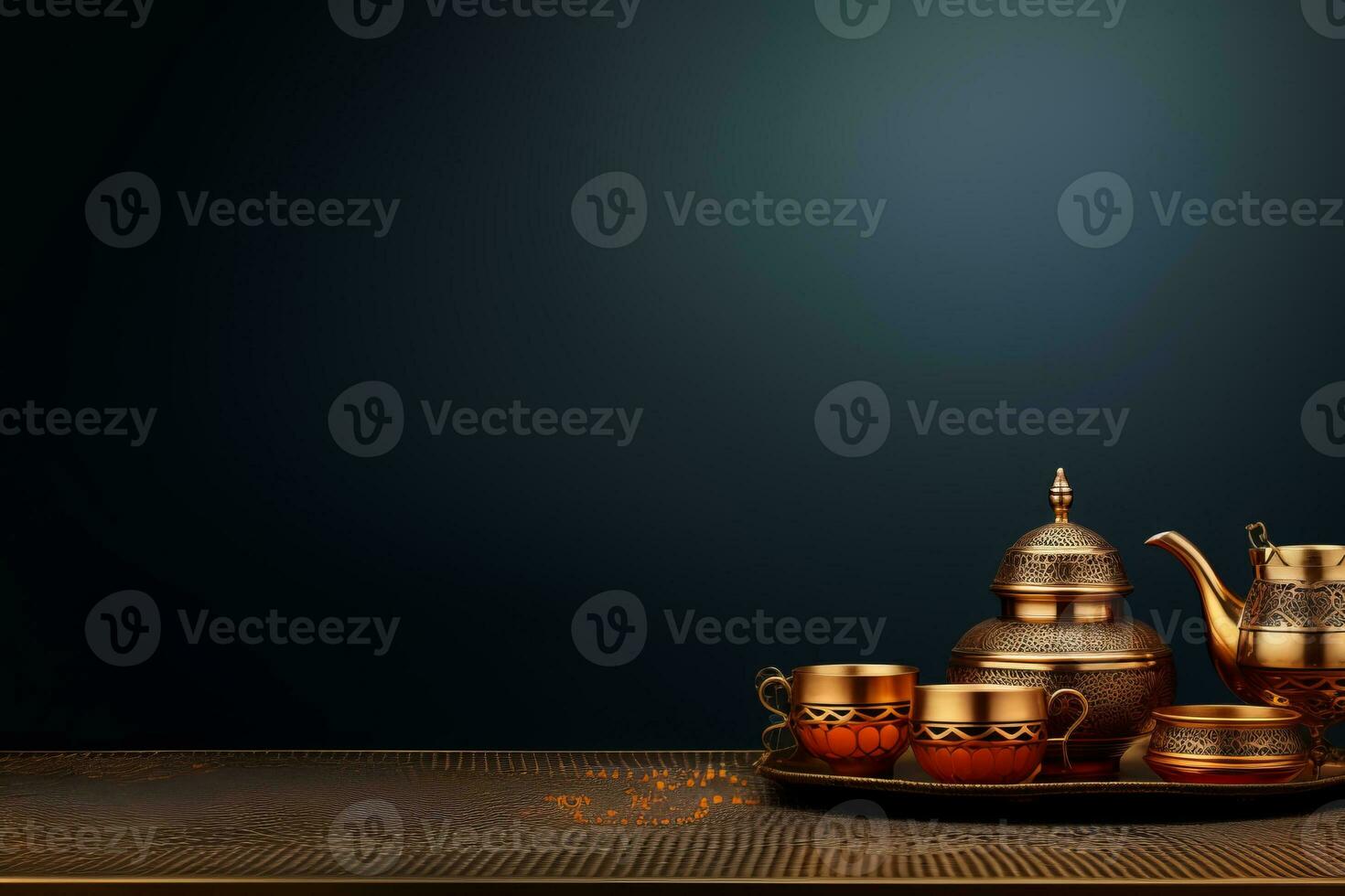 Tea set on a tray on a table. Generative AI photo