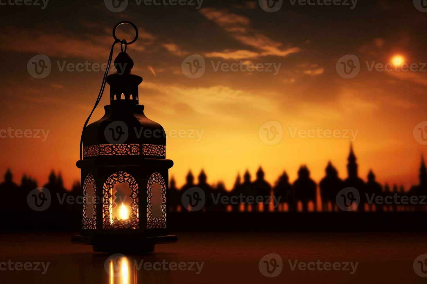 Lit lantern sitting on top of a table. Generative AI photo